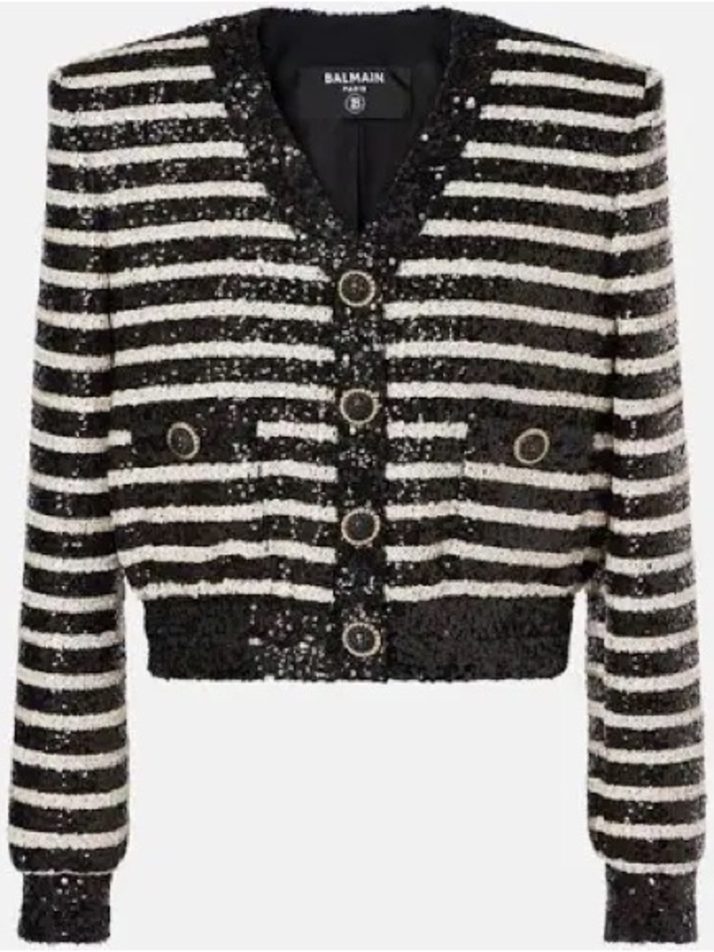Balmain Black & White Striped Sequence Cropped Tweed Jacket
